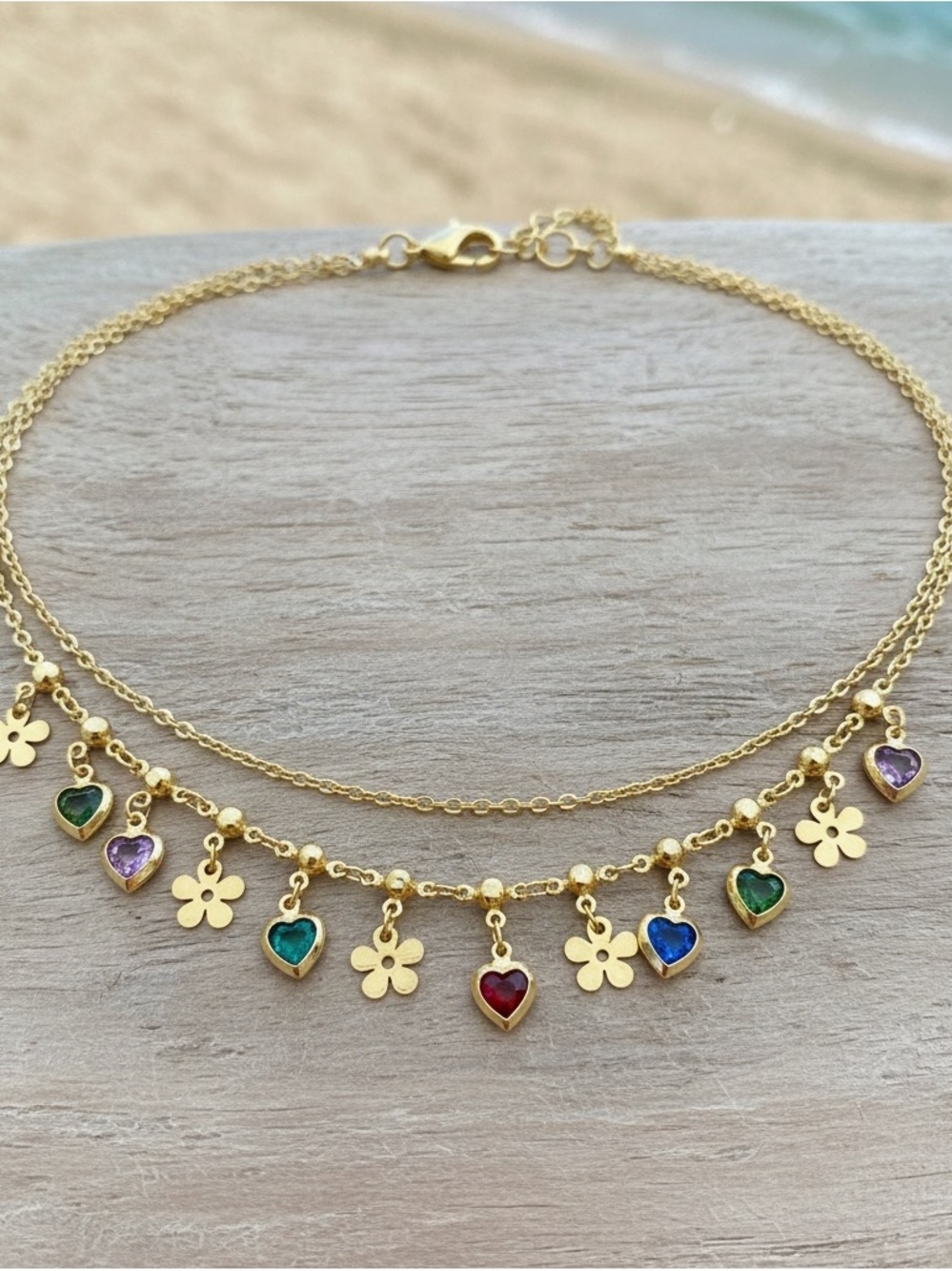 Gold Multi-Charm Heart & Flower Anklet